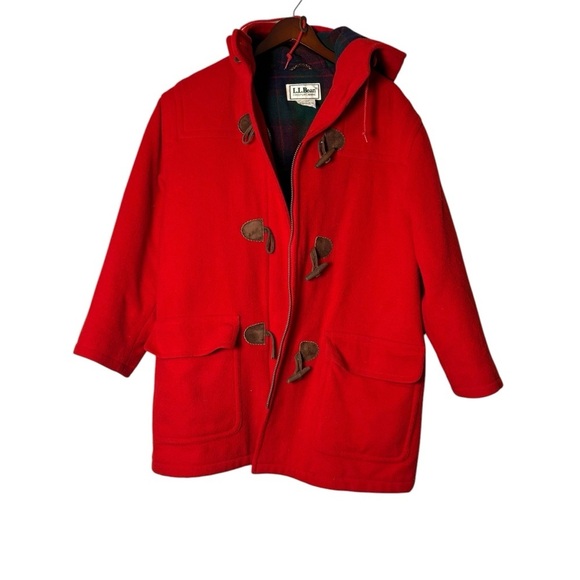 Vintage LL BEAN Wool Duffel Coat Toggle Jacket w/Hood Womens Red with Plaid - Picture 1 of 7